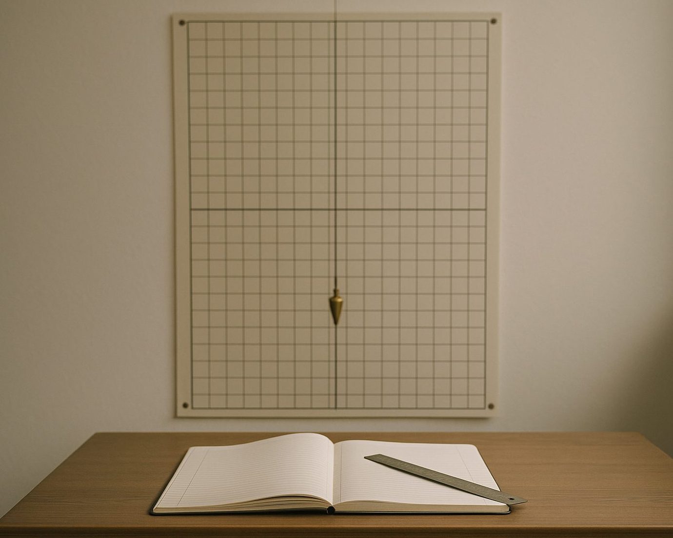 A printed posture grid pinned to a plain wall with a brass plumb line hanging down its center, and an open ruled lab notebook with a steel ruler on the wooden desk below it, in flat daylight.