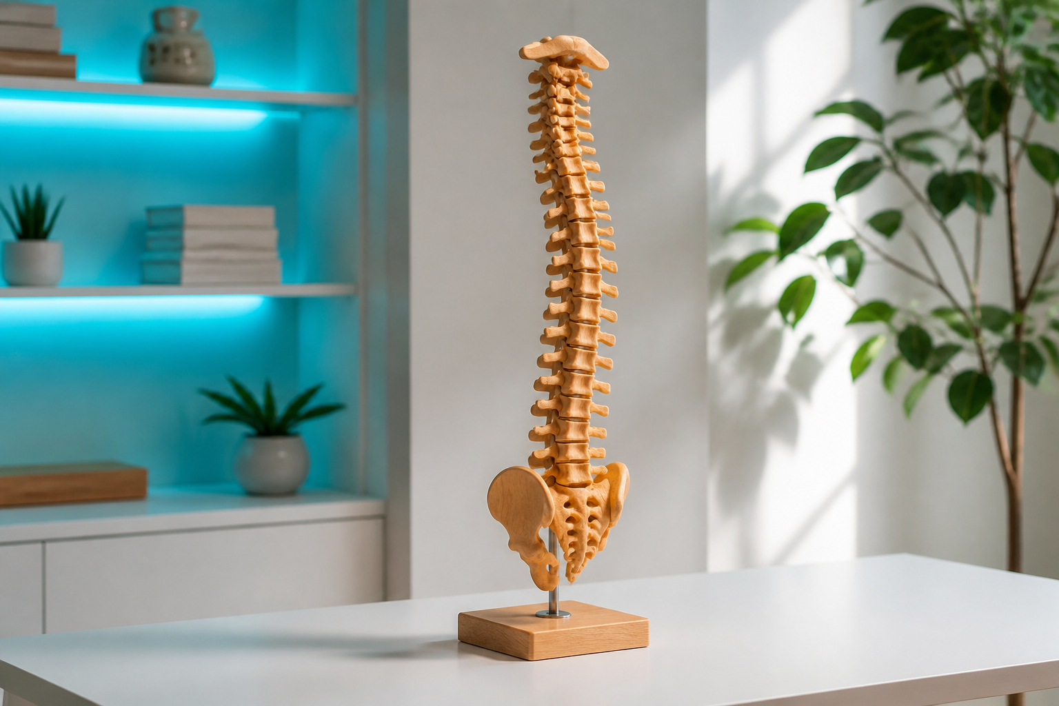 A wooden spine model on a white table in a clean studio with teal light.